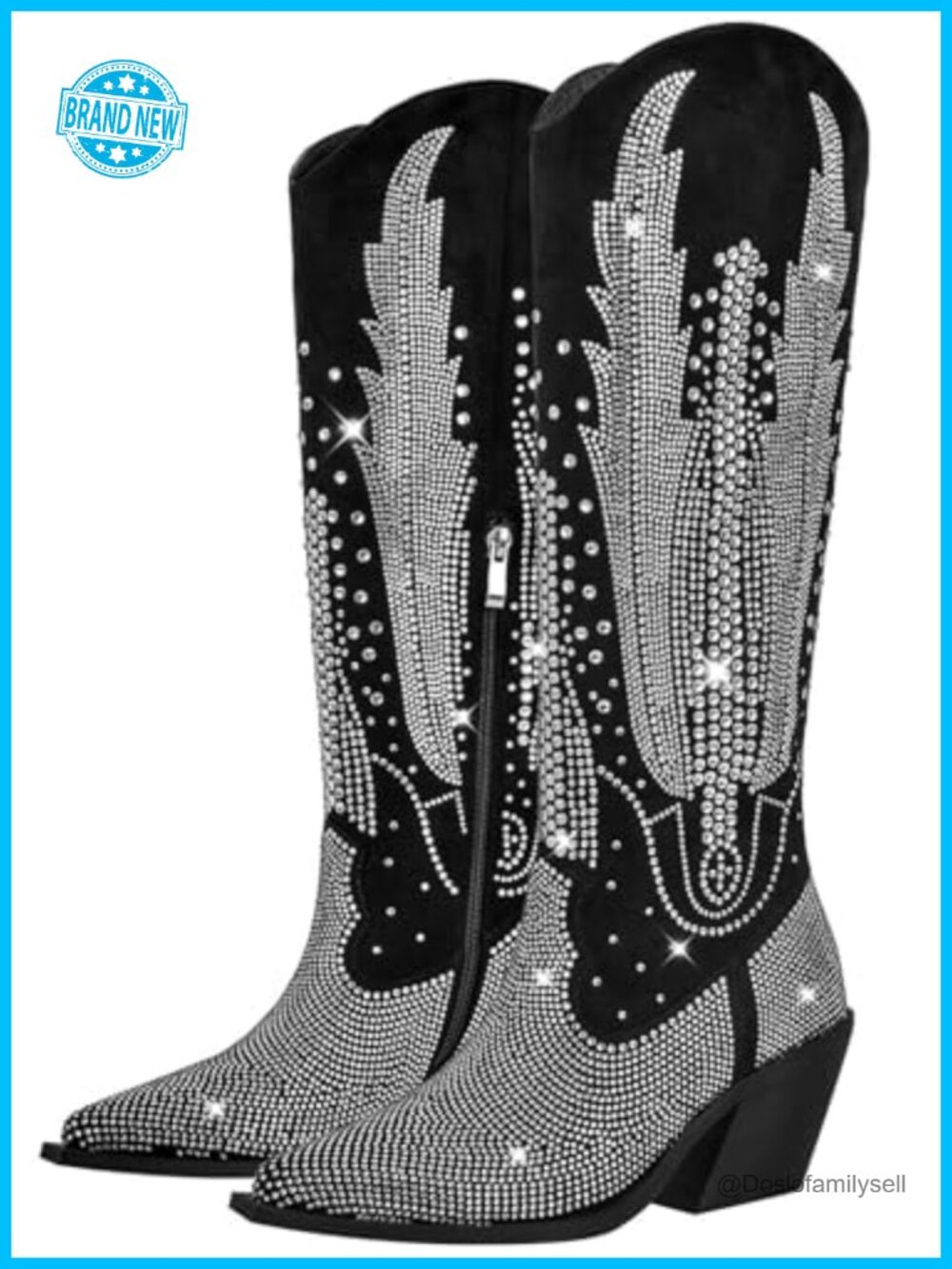 Knee High Rhinestone Cowboy Boots Pointed Toe Chunky Heel Pull On